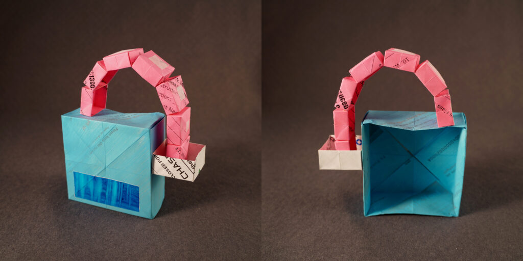 Two views of a small sculpture by artist Joanna White, featuring paper boxes and paint.