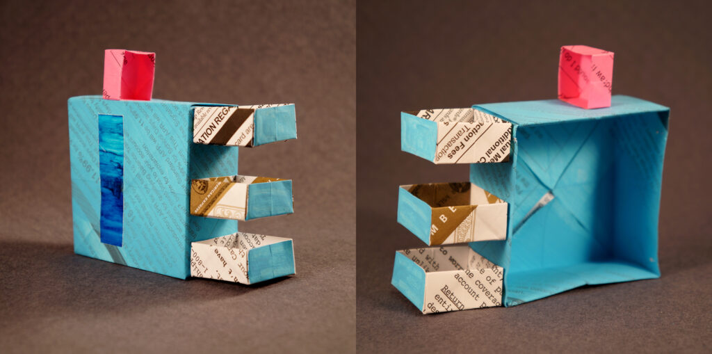 Two views of a small sculpture by artist Joanna White, featuring paper boxes and paint.