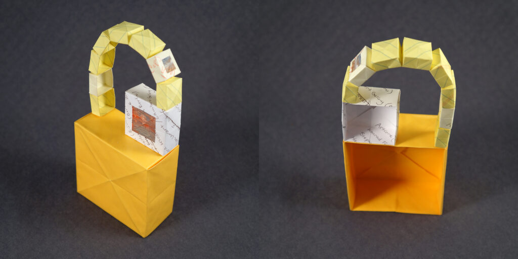 Two views of a small sculpture by artist Joanna White, featuring paper boxes and paint.