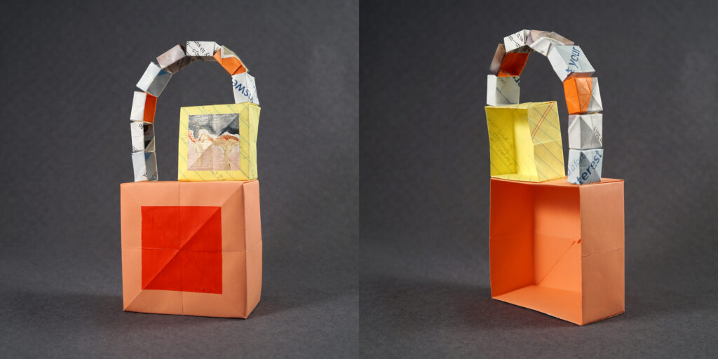 Two views of a small sculpture by artist Joanna White, featuring paper boxes and paint.