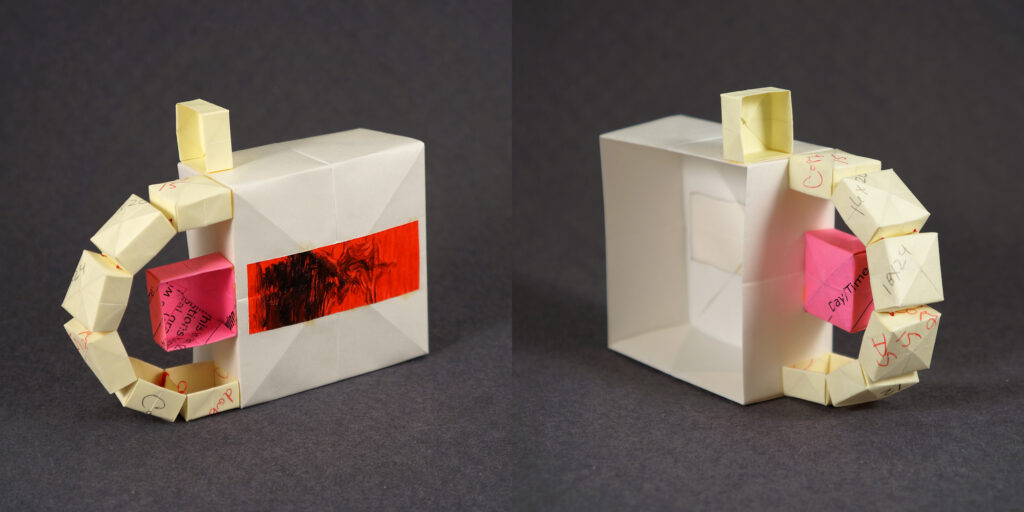 Two views of a small sculpture by artist Joanna White, featuring paper boxes and paint.