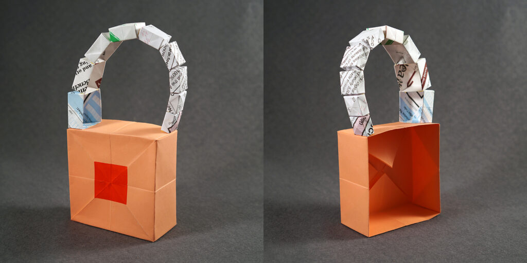 Two views of a small sculpture by artist Joanna White, featuring paper boxes and paint.