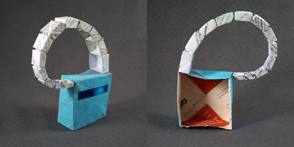 Two views of a small sculpture by artist Joanna White, featuring paper boxes and paint.