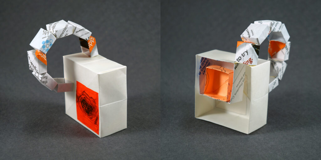Two views of a small sculpture by artist Joanna White, featuring paper boxes and paint.