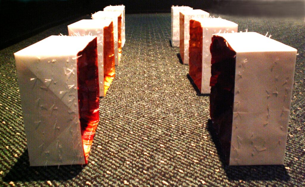 Two rows of paper boxed filled with different colors of onion skins, facing each other.