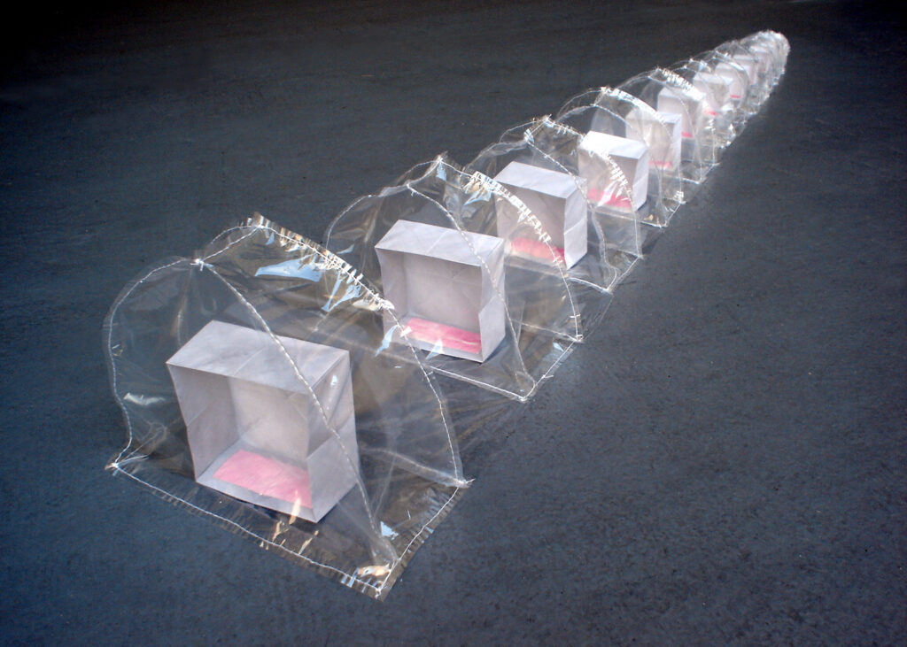 Domes of hand-sewn plastic enclosing paper boxes that gradually shrink in size and turn a darker gray. There are small geometric oil paintings inside which gradually fade from pink to red.