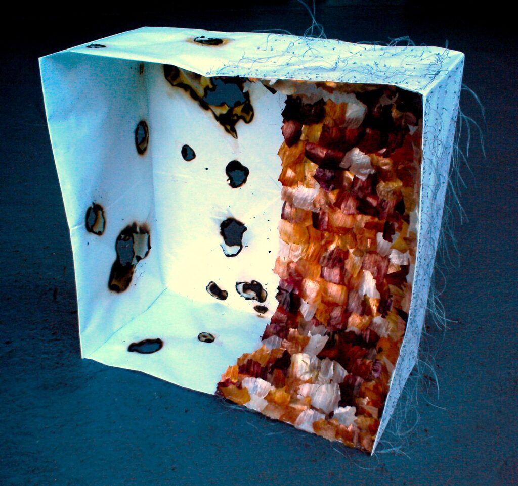 A large white paper box with onion skins stitched to one side, and burnt holes on the other side.