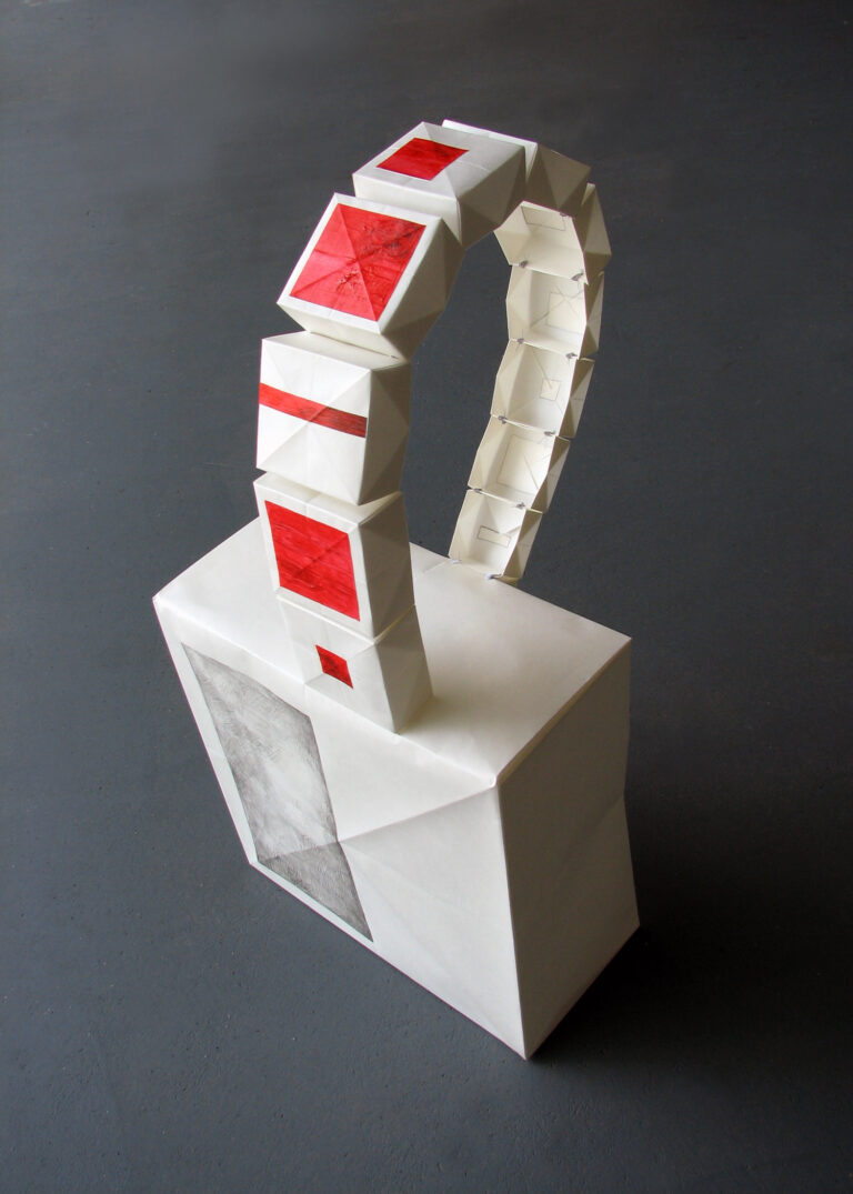 A white vellum box with a loop of graduated, connected boxes with red oil paintings on the front.