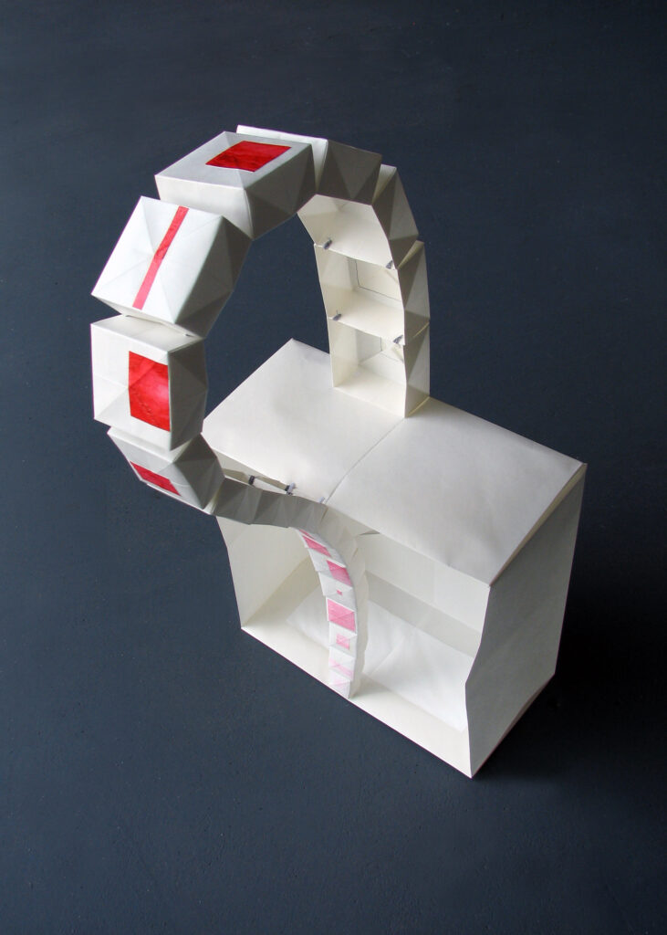 Back view of sculpture by Joanna White, featuring vellum boxes painted with red monochromatic oil paint.