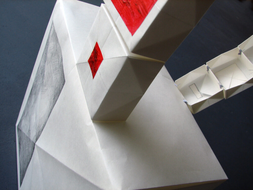 Detail of sculpture by Joanna White with vellum boxes, graphite, and oil paint.
