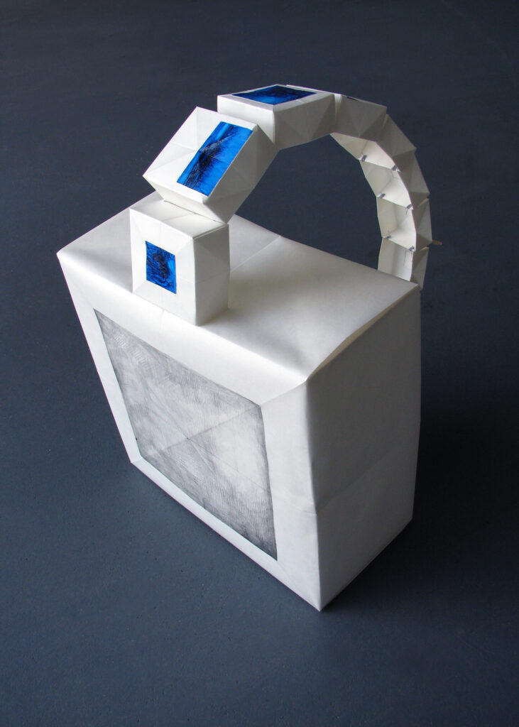 A white paper box with a graphite drawing on the front and a loop of smaller paper boxes with blue paintings on the front that start at the top of the large box and end up inside.