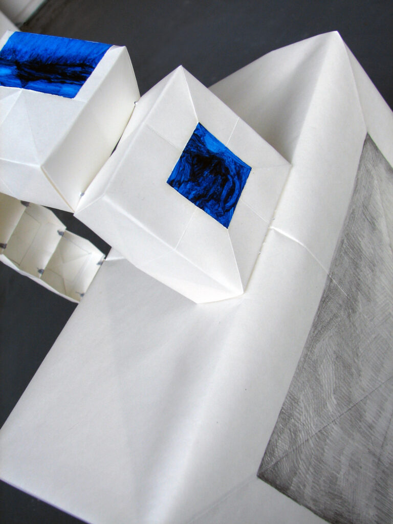 Detail of a sculpture by Joanna White featuring vellum boxes, oil paint, and graphite.