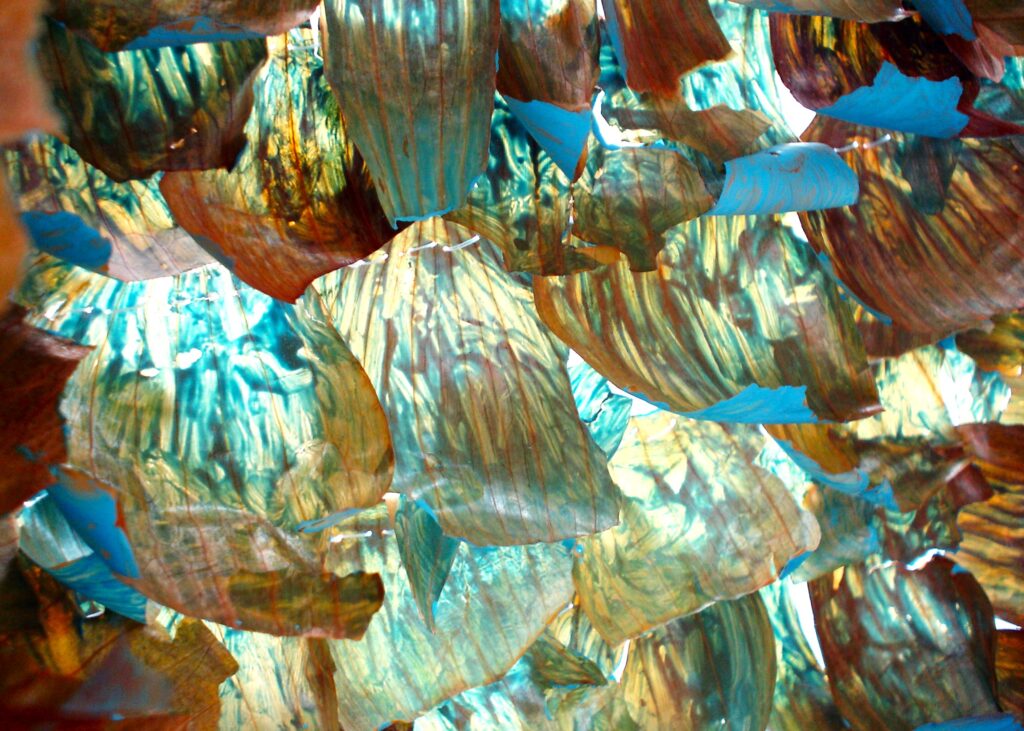 Detail of onion skins with blue paint on reverse.