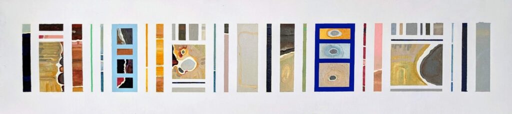 A long, narrow, segmented oil painting by artist Joanna White.