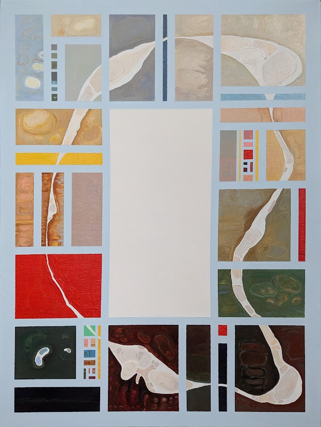 A geometric oil painting featuring a rectangular border of segmented oil paintings with a blank center, by artist Joanna White.