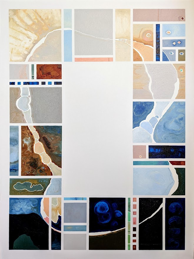 Waiting for the Light to Sprout, oil painting on canvas featuring geometric shapes arranged in a border around a blank center, by artist Joanna White.
