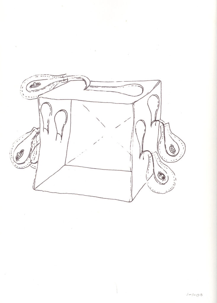 An ink drawing of a paper box with tabs cut out, by artist Joanna White.