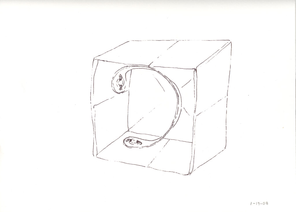 Ink drawing of paper box with tab connected by metal garment snaps, attached to inside as a loop, by artist Joanna White.