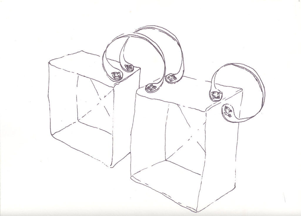 Ink drawing of two paper boxes conjoined by tabs with metal garment snaps, by artist Joanna White.