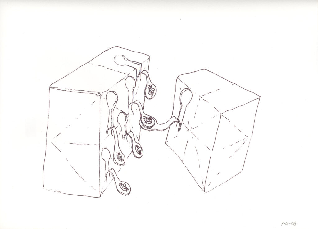 A small ink drawing by artist Joanna White, showing two paper boxes attached by tabs with metal garment snaps.
